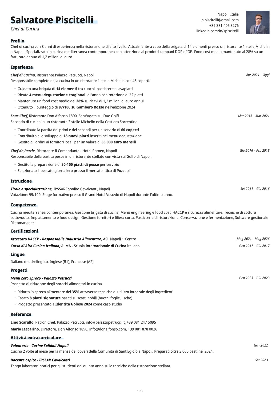 Chef di Cucina resume example