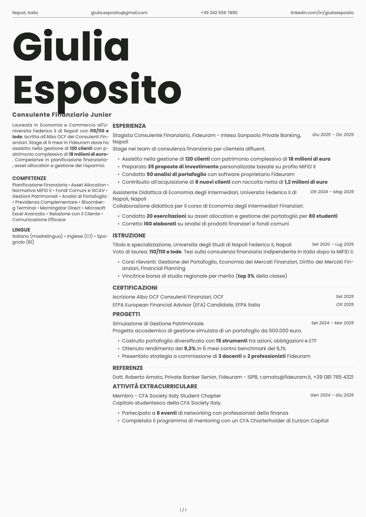 Consulente Finanziario Junior resume example