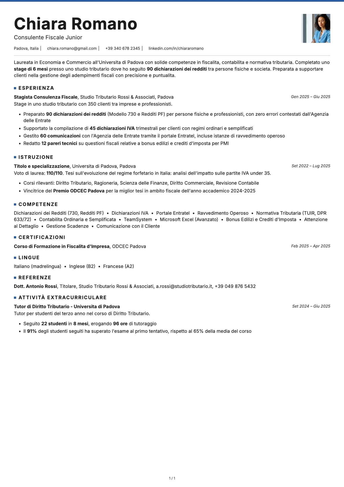 Consulente Fiscale Junior resume example