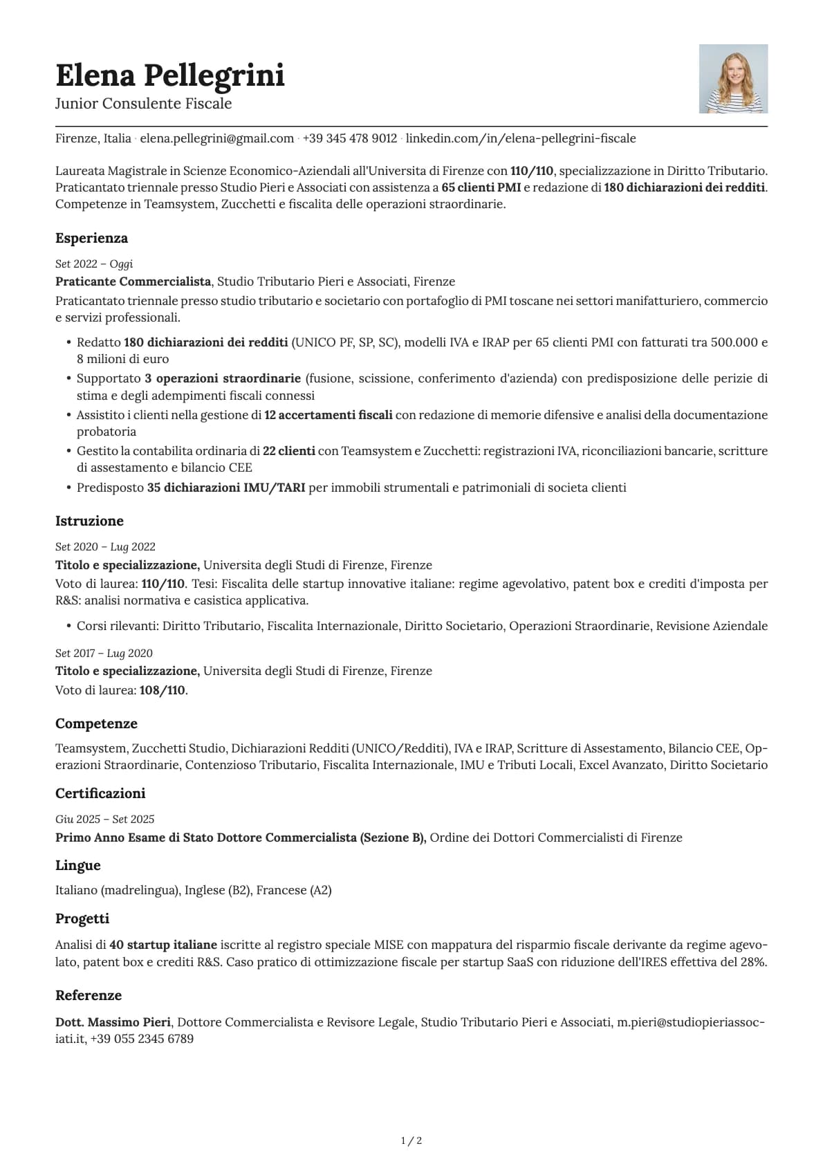 Junior Consulente Fiscale resume example
