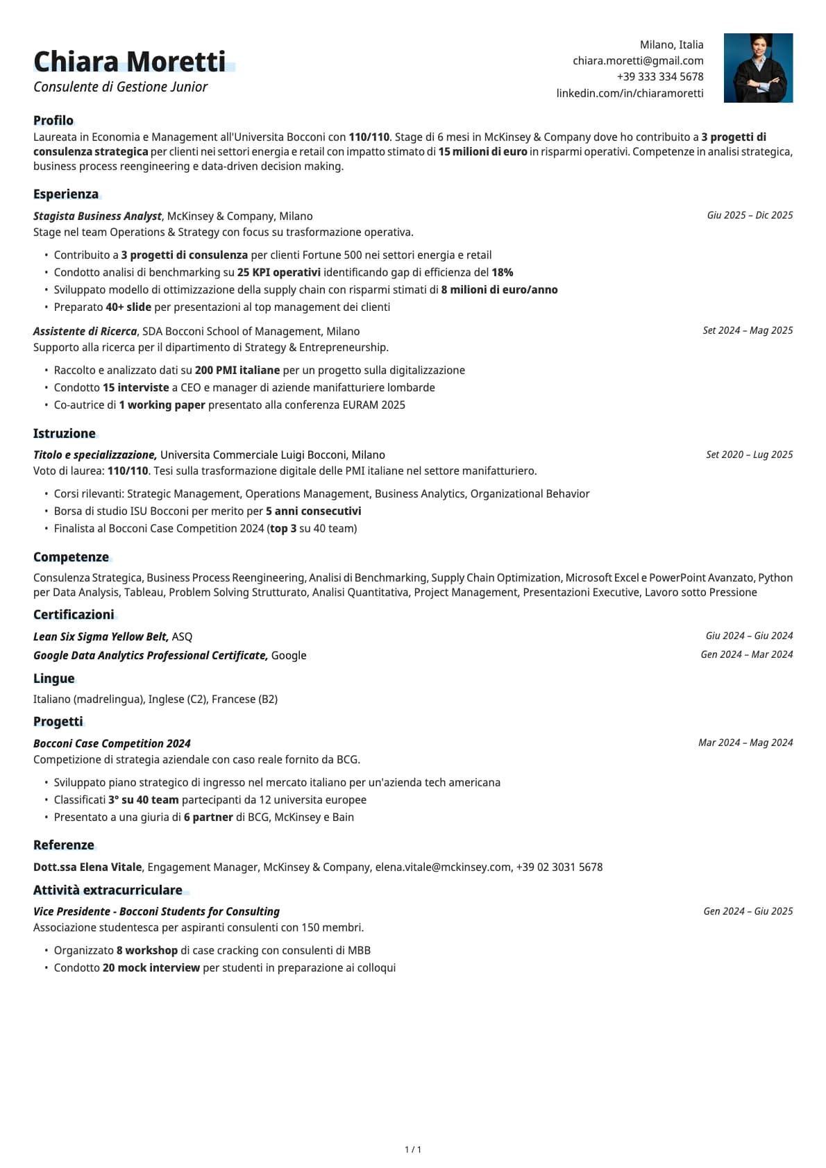 Consulente di Gestione Junior resume example