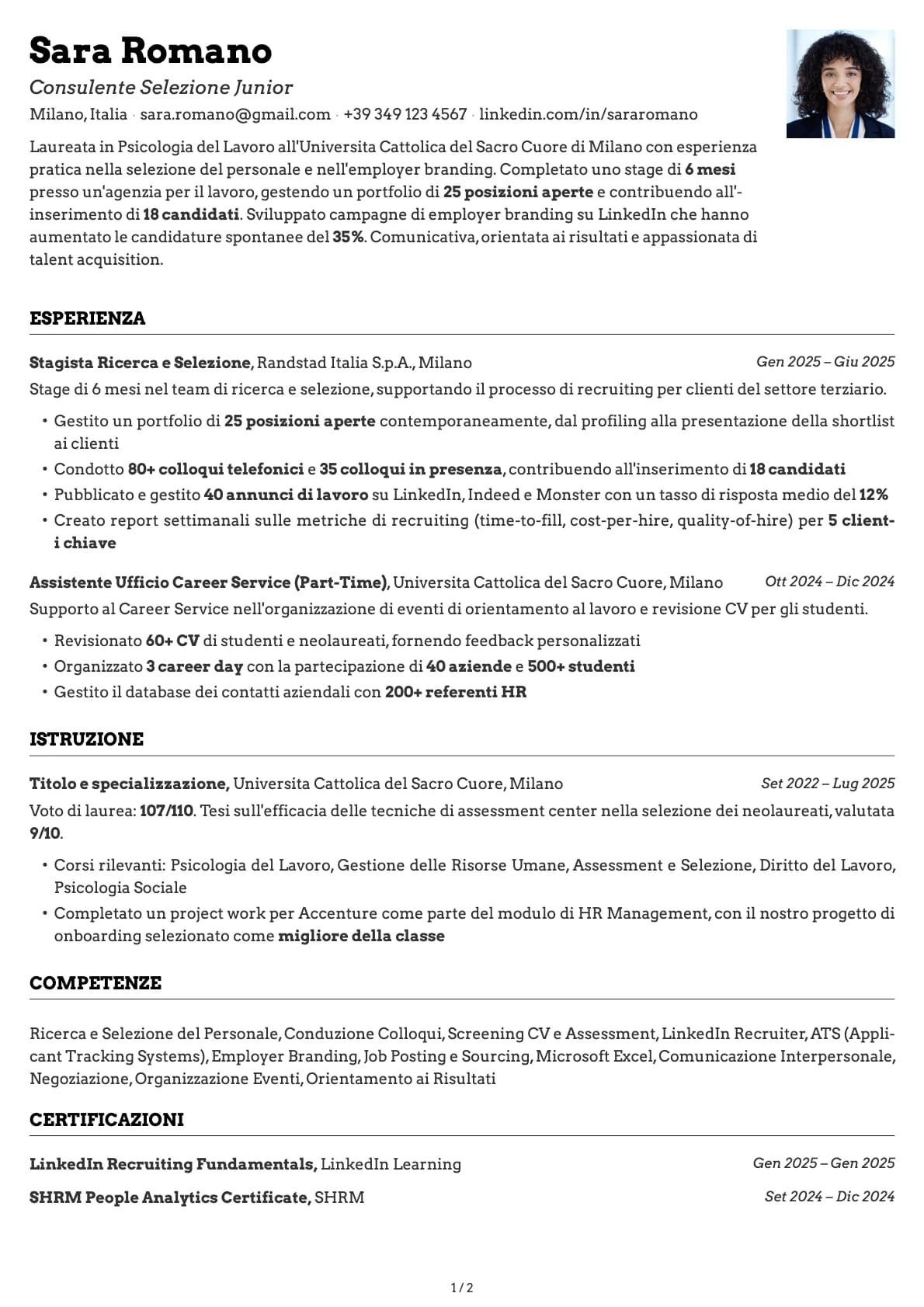 Consulente Selezione Junior resume example