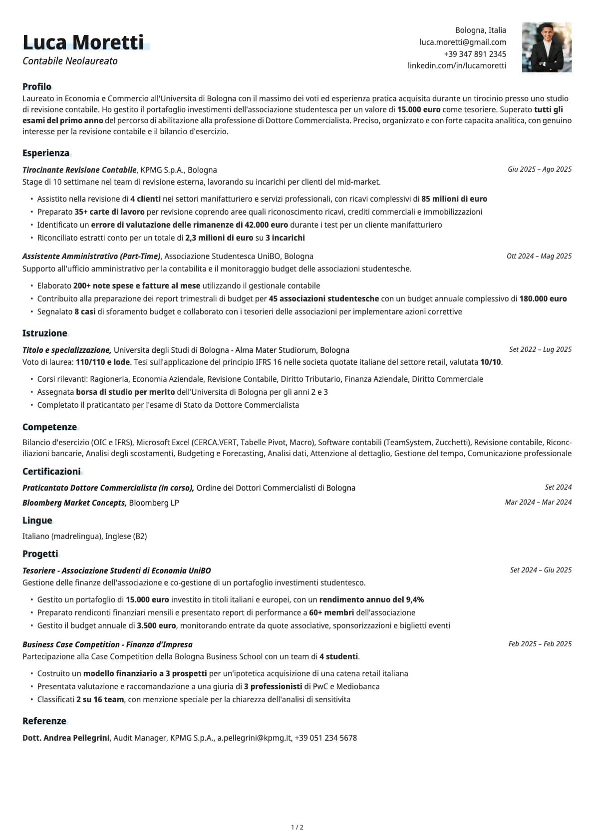 Contabile Neolaureato resume example
