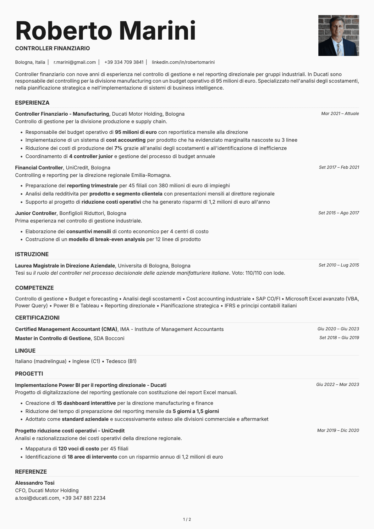 Controller Finanziario resume example