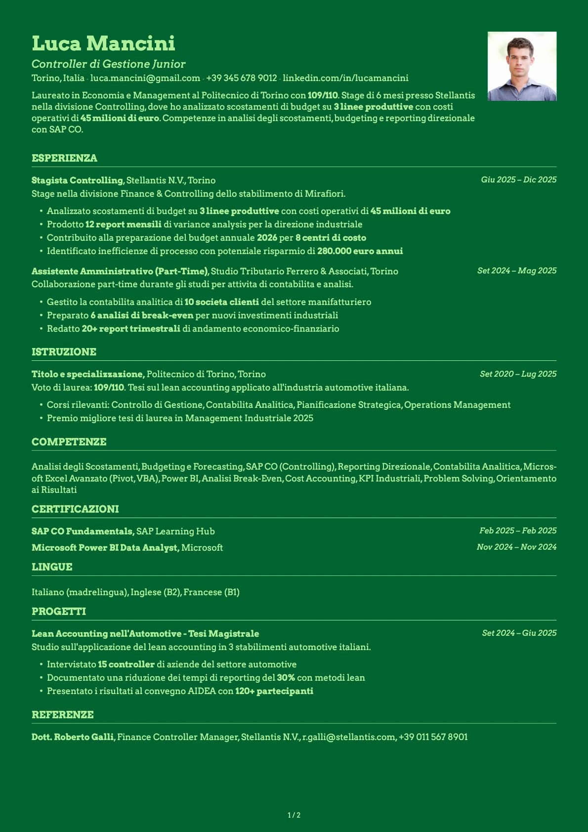 Controller di Gestione Junior resume example