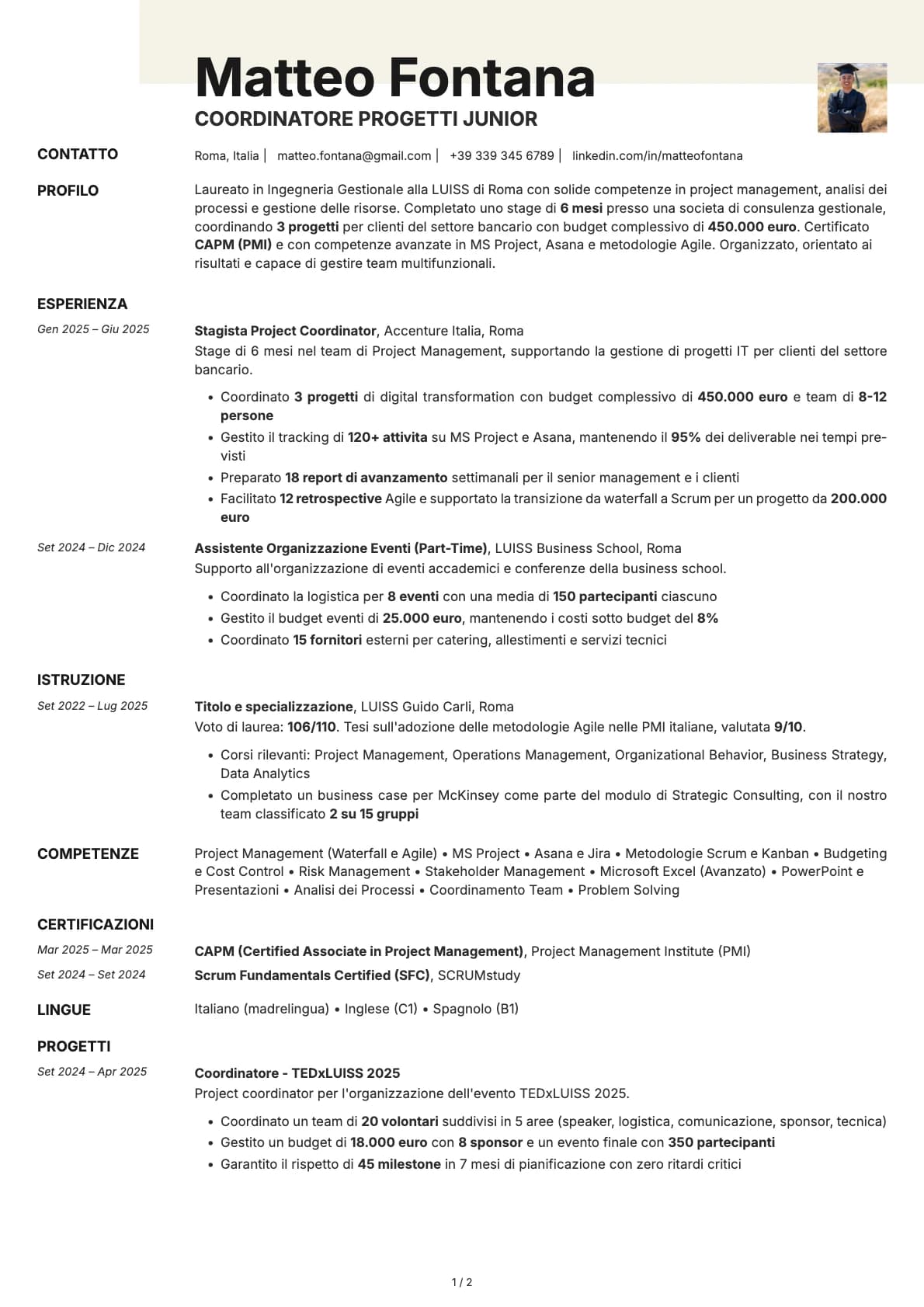 Coordinatore Progetti Junior resume example