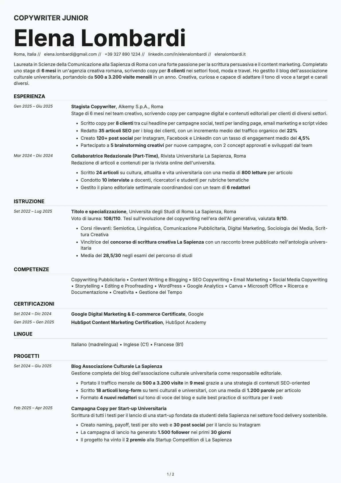 Copywriter Junior resume example