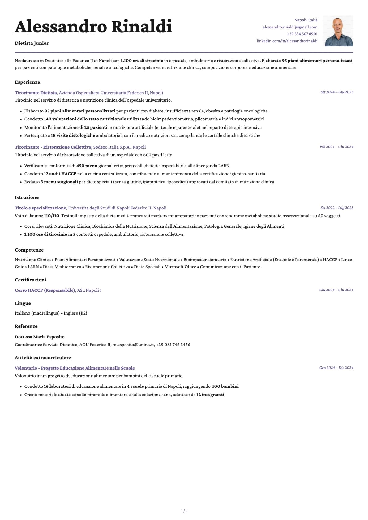 Dietista Junior resume example