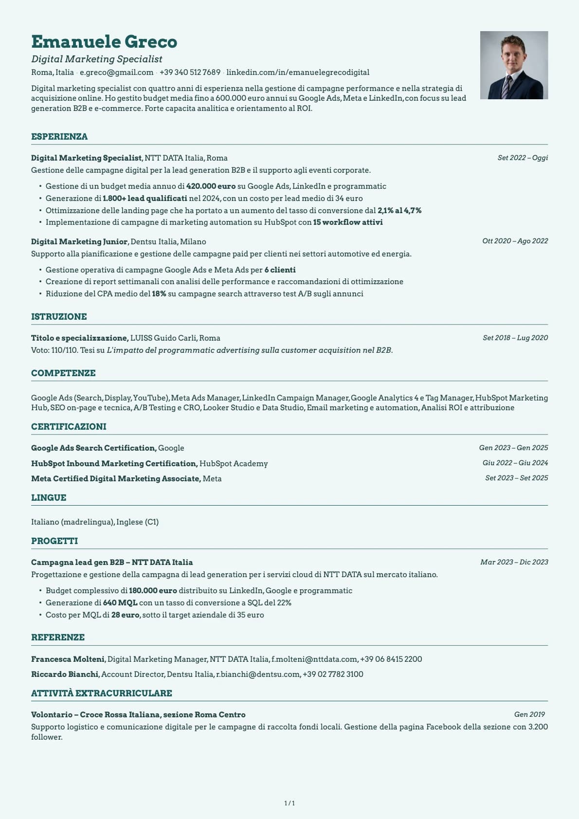 Specialista marketing digitale resume example