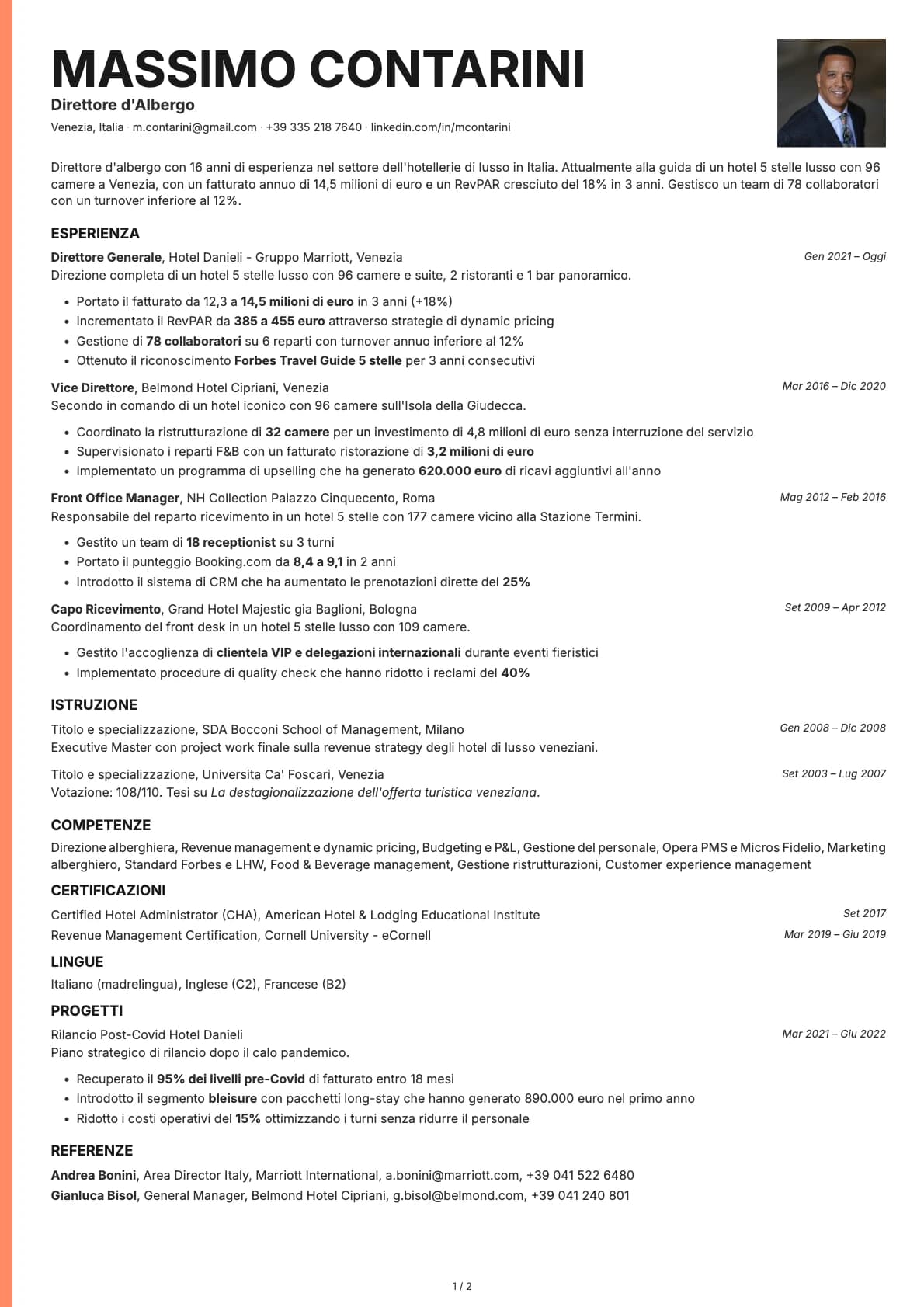 Direttore d'Albergo resume example