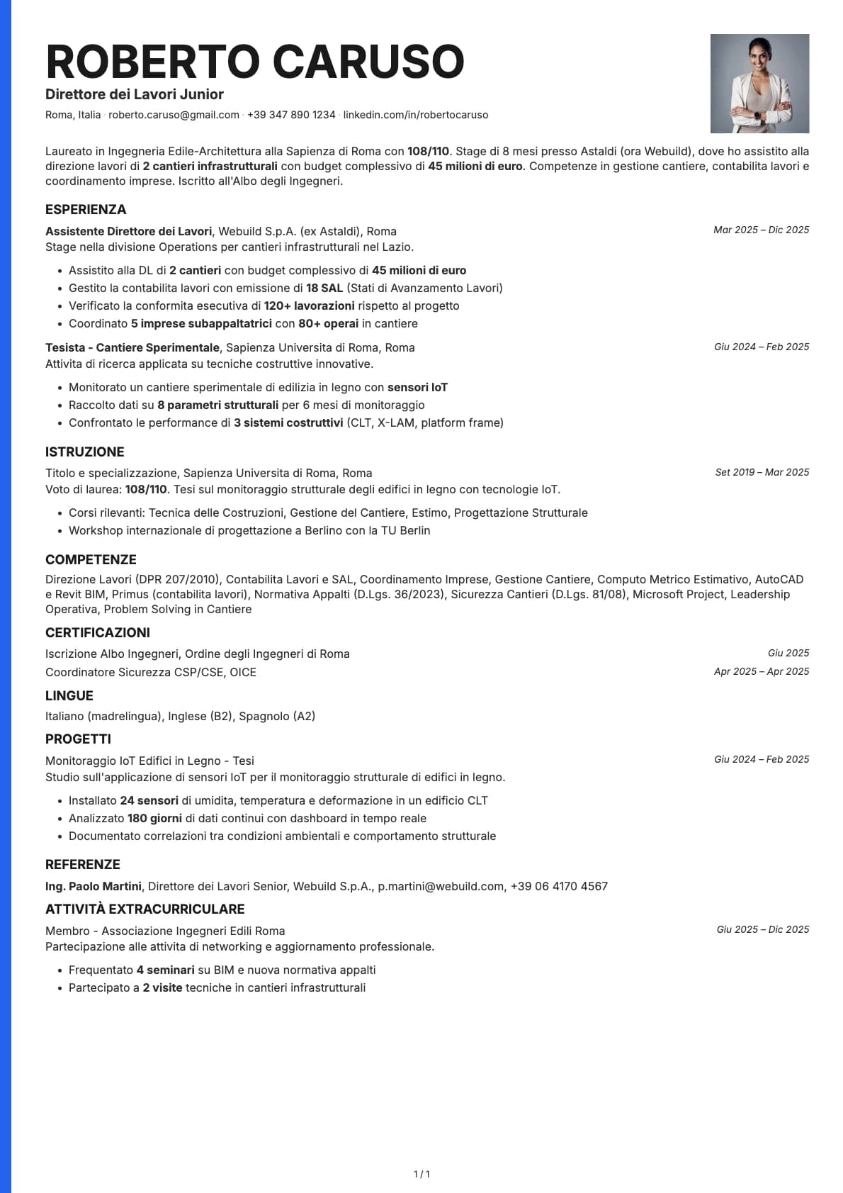 Direttore dei Lavori Junior resume example