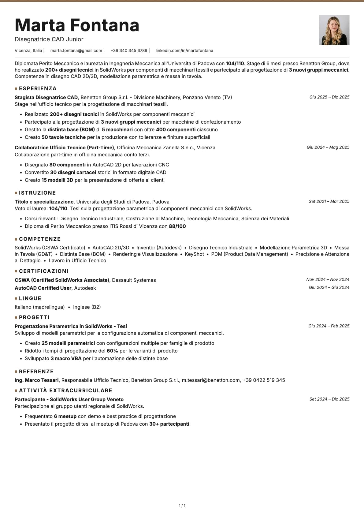 Disegnatore CAD Junior resume example