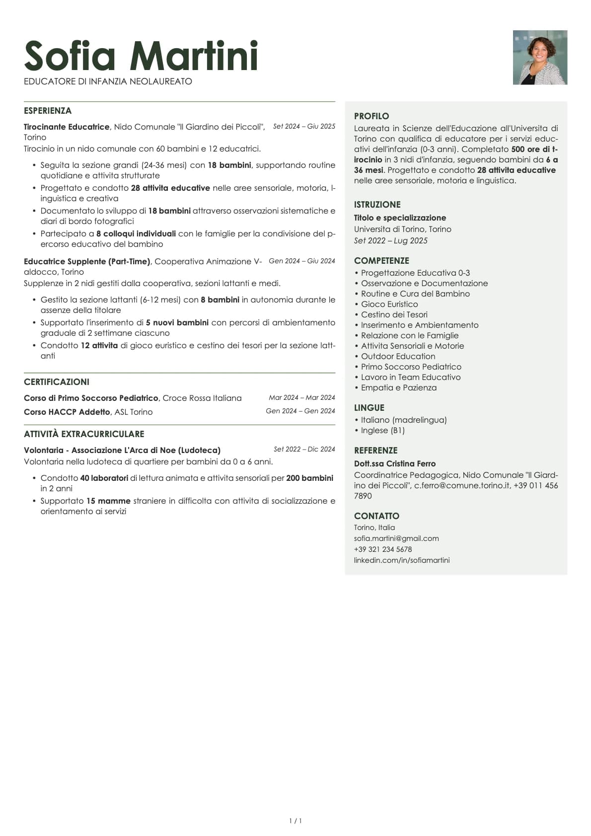 Educatore di Infanzia Neolaureato resume example