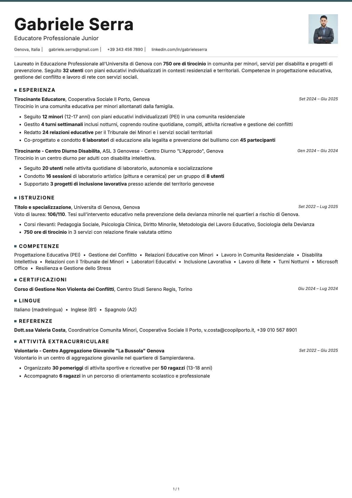 Educatore Professionale Junior resume example