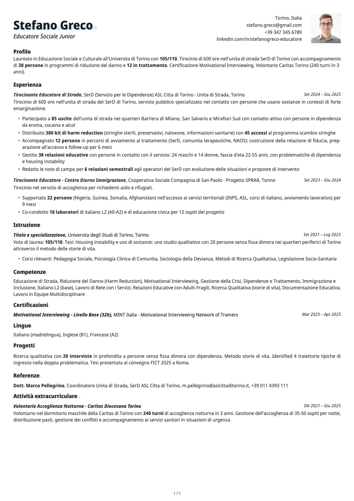 Educatore Sociale Junior resume example
