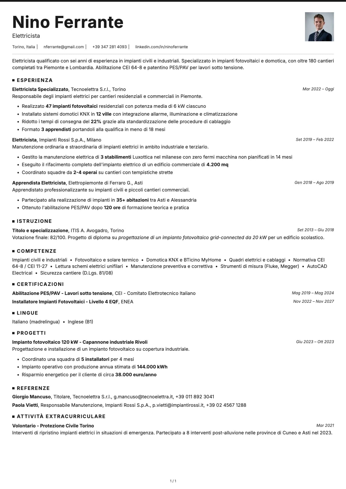 Elettricista resume example