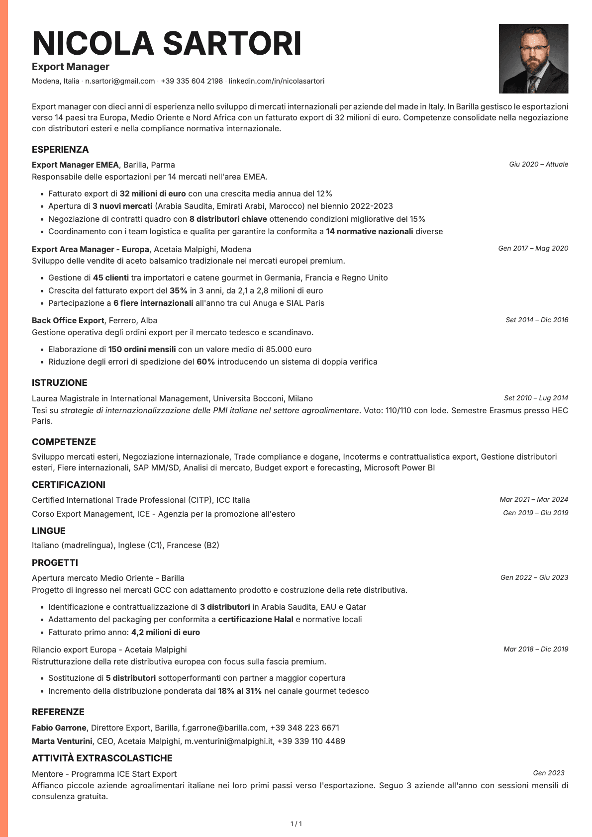 Export Manager resume example
