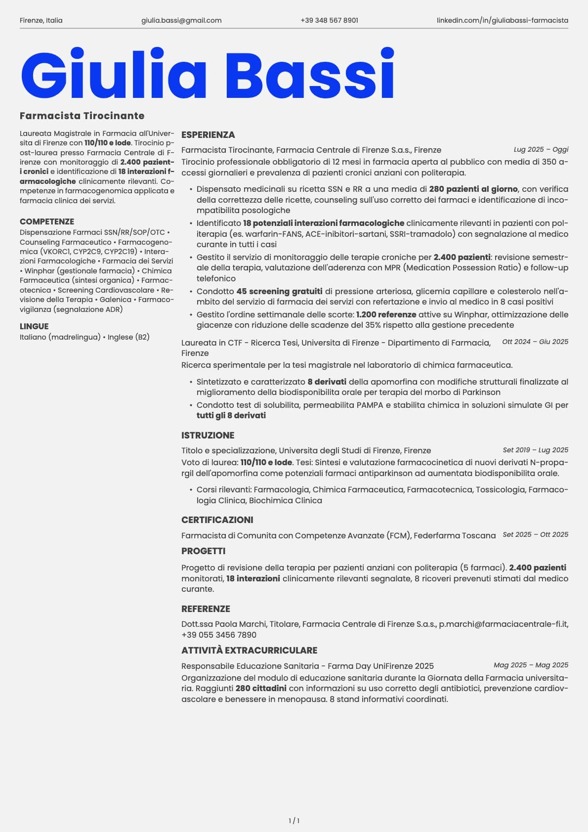 Farmacista Tirocinante resume example
