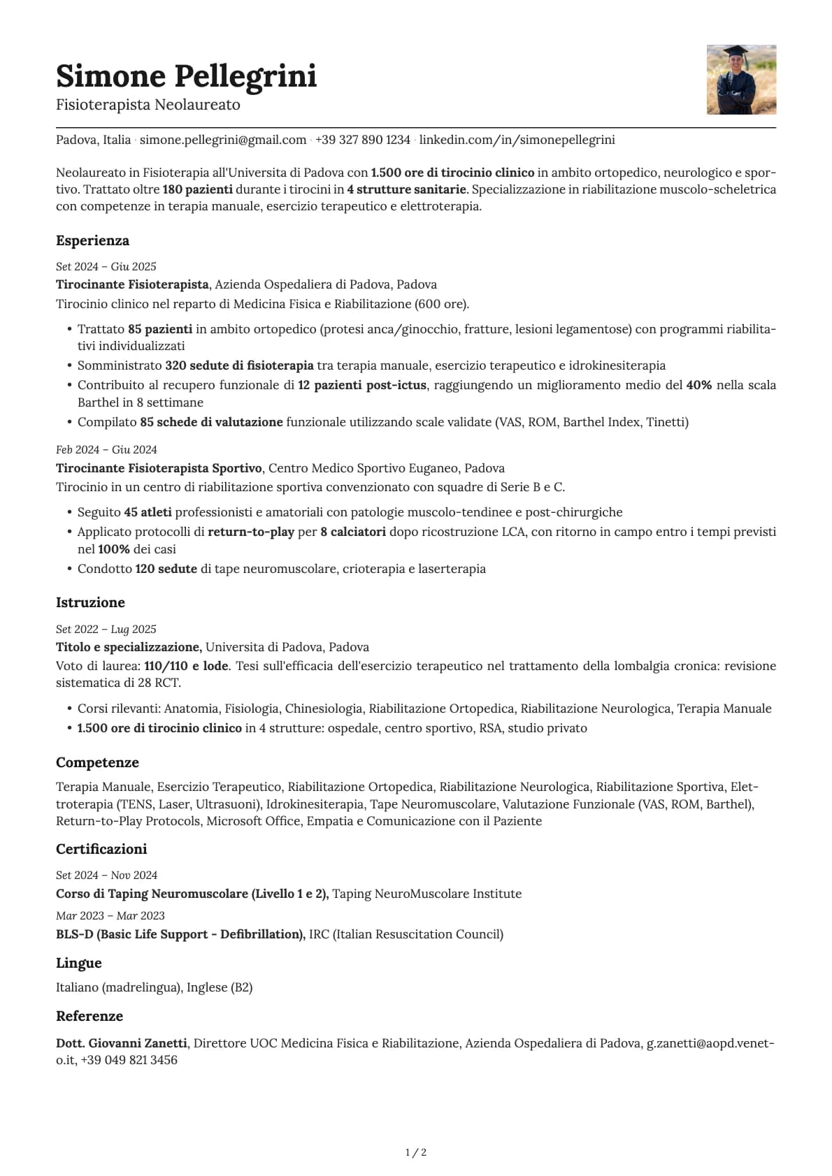 Fisioterapista Neolaureato resume example