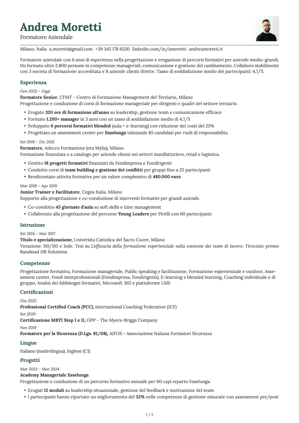 Formatore Aziendale resume example