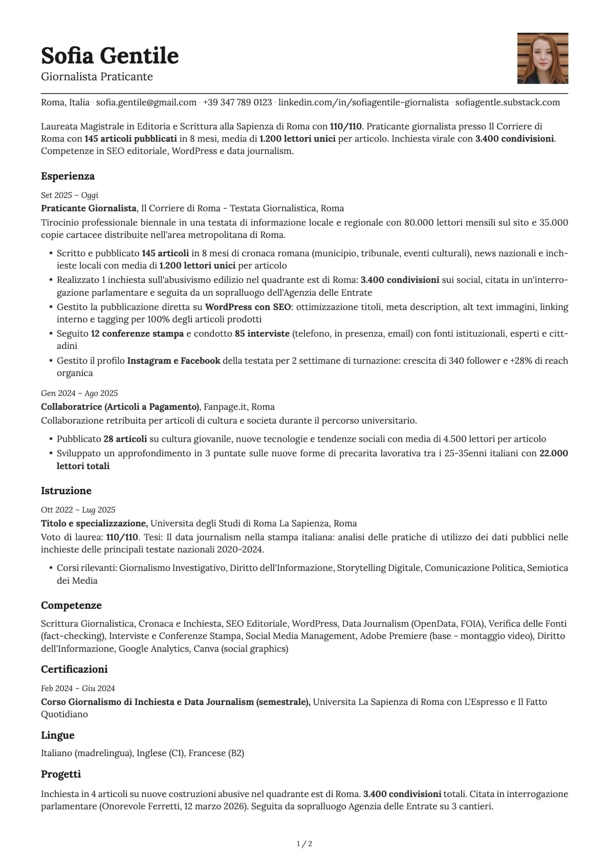 Giornalista Praticante resume example