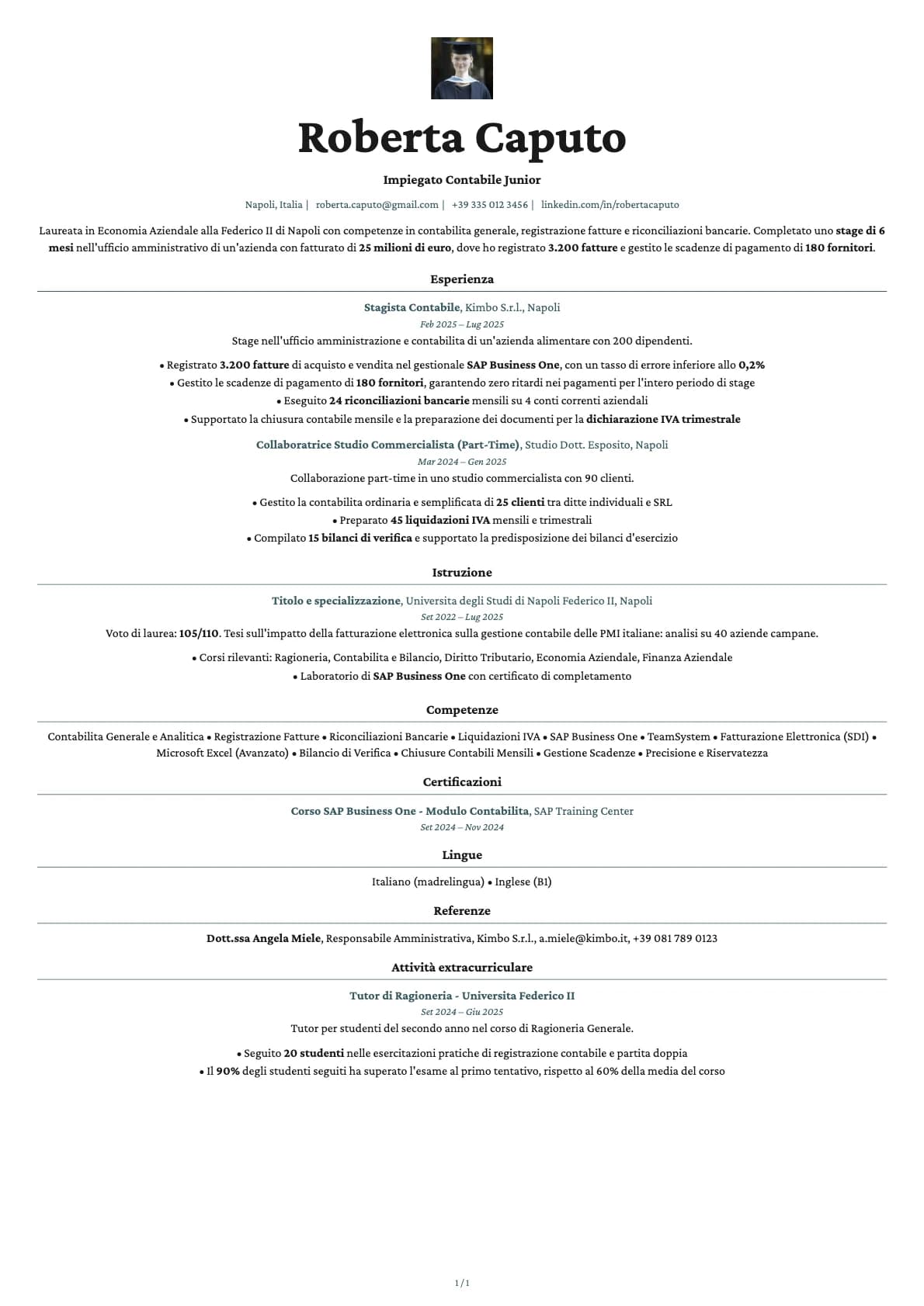 Impiegato Contabile Junior resume example