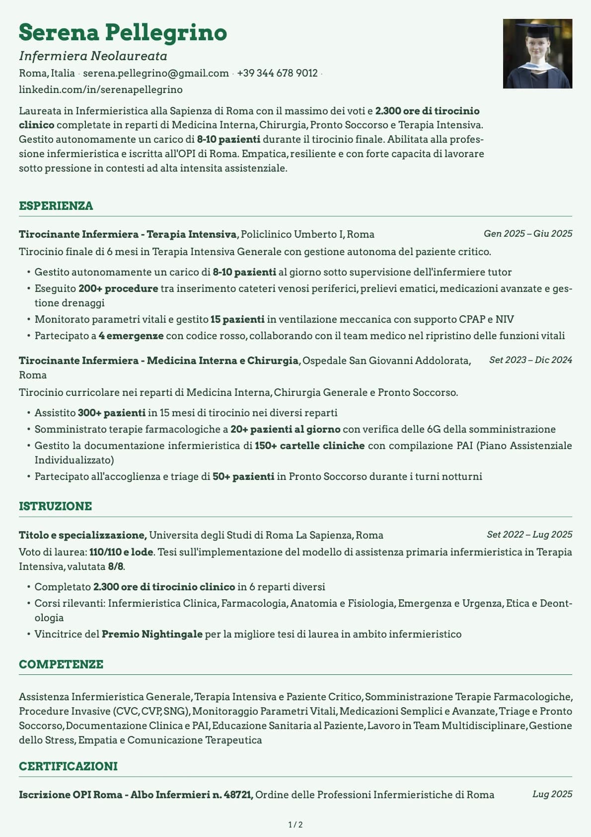 Infermiere Neolaureato resume example