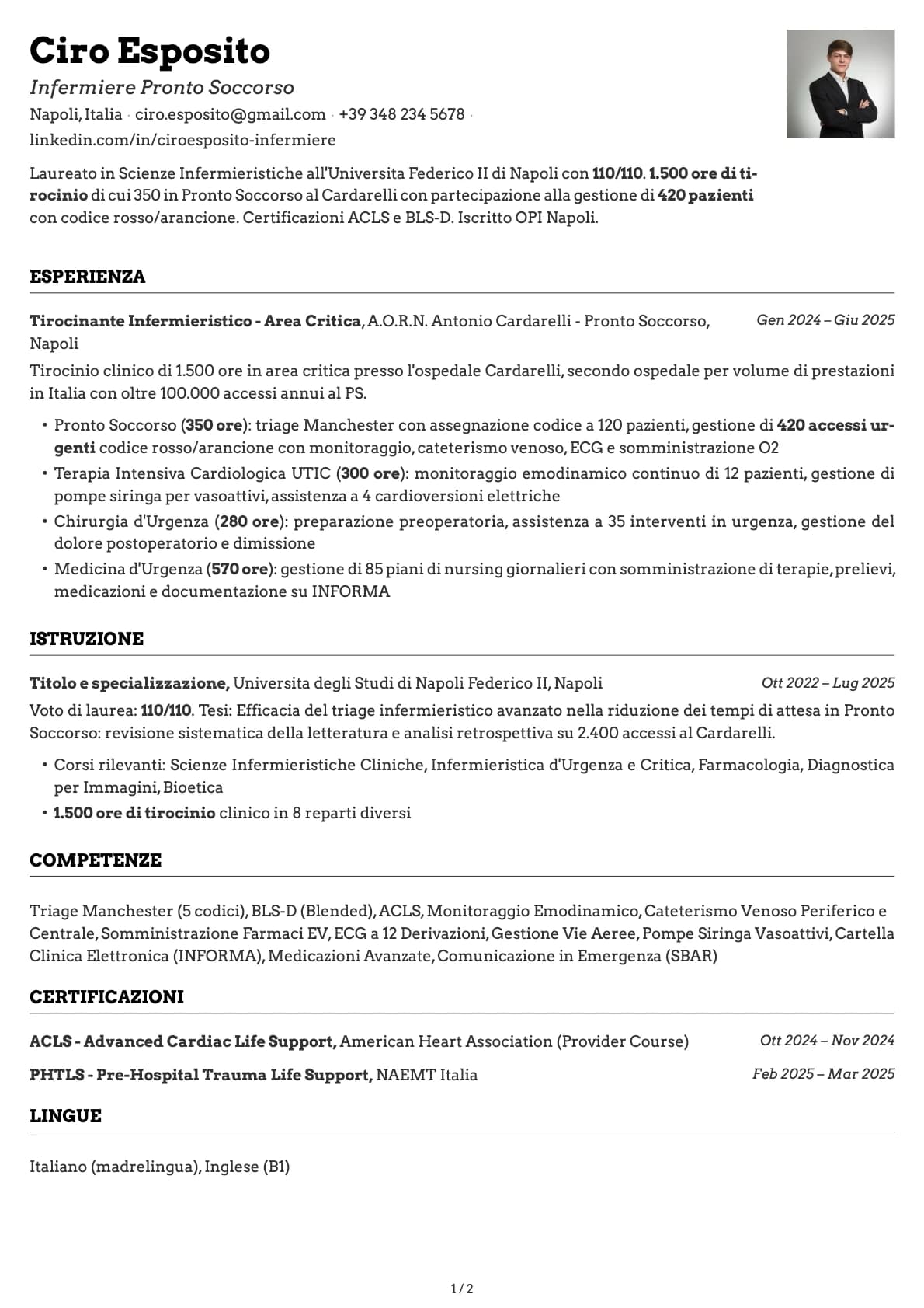 Infermiere Pronto Soccorso resume example