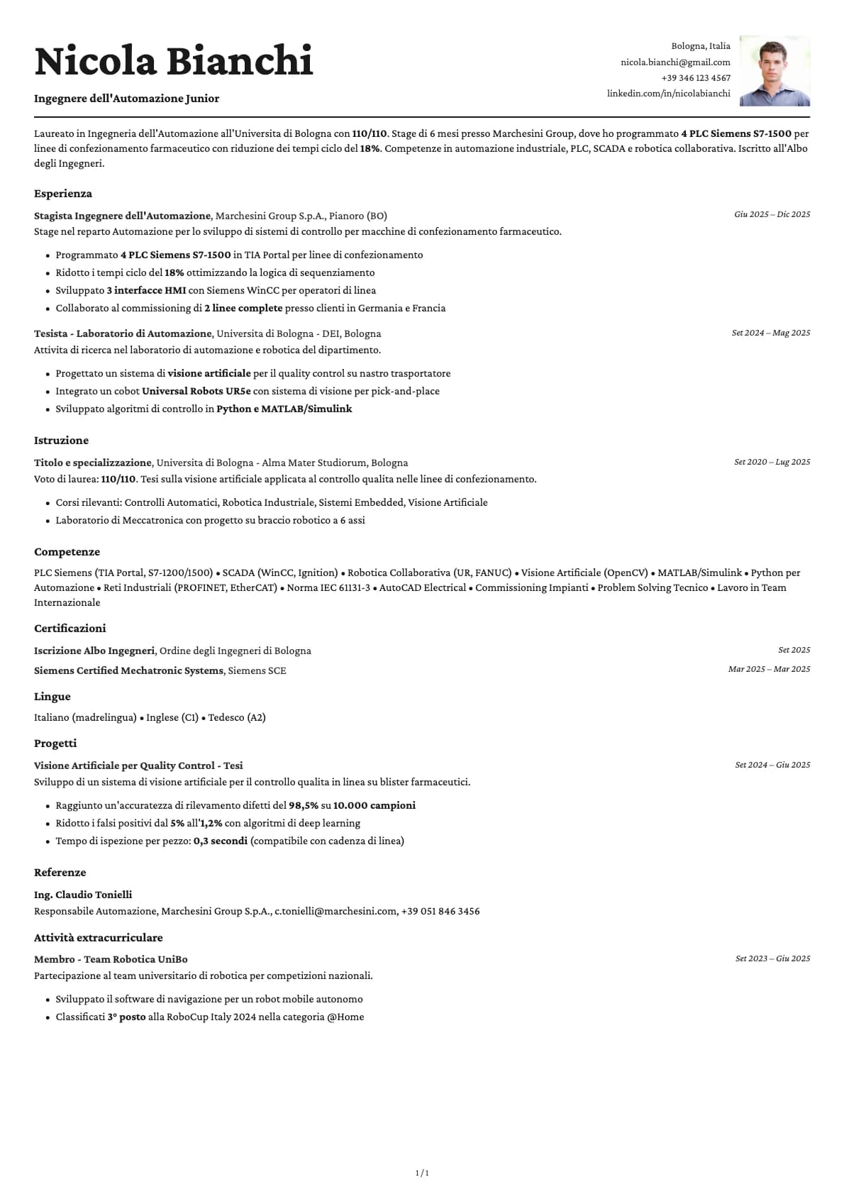 Ingegnere dell Automazione Junior resume example