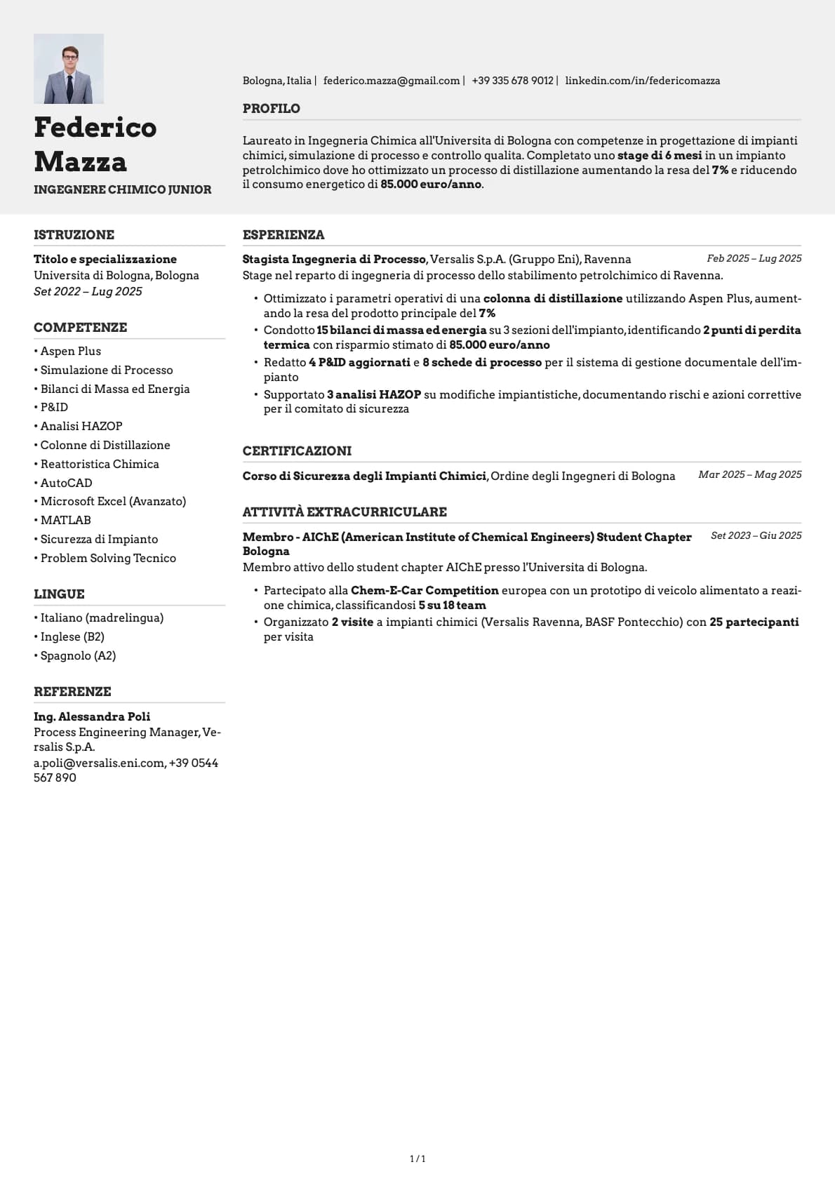 Ingegnere Chimico Junior resume example