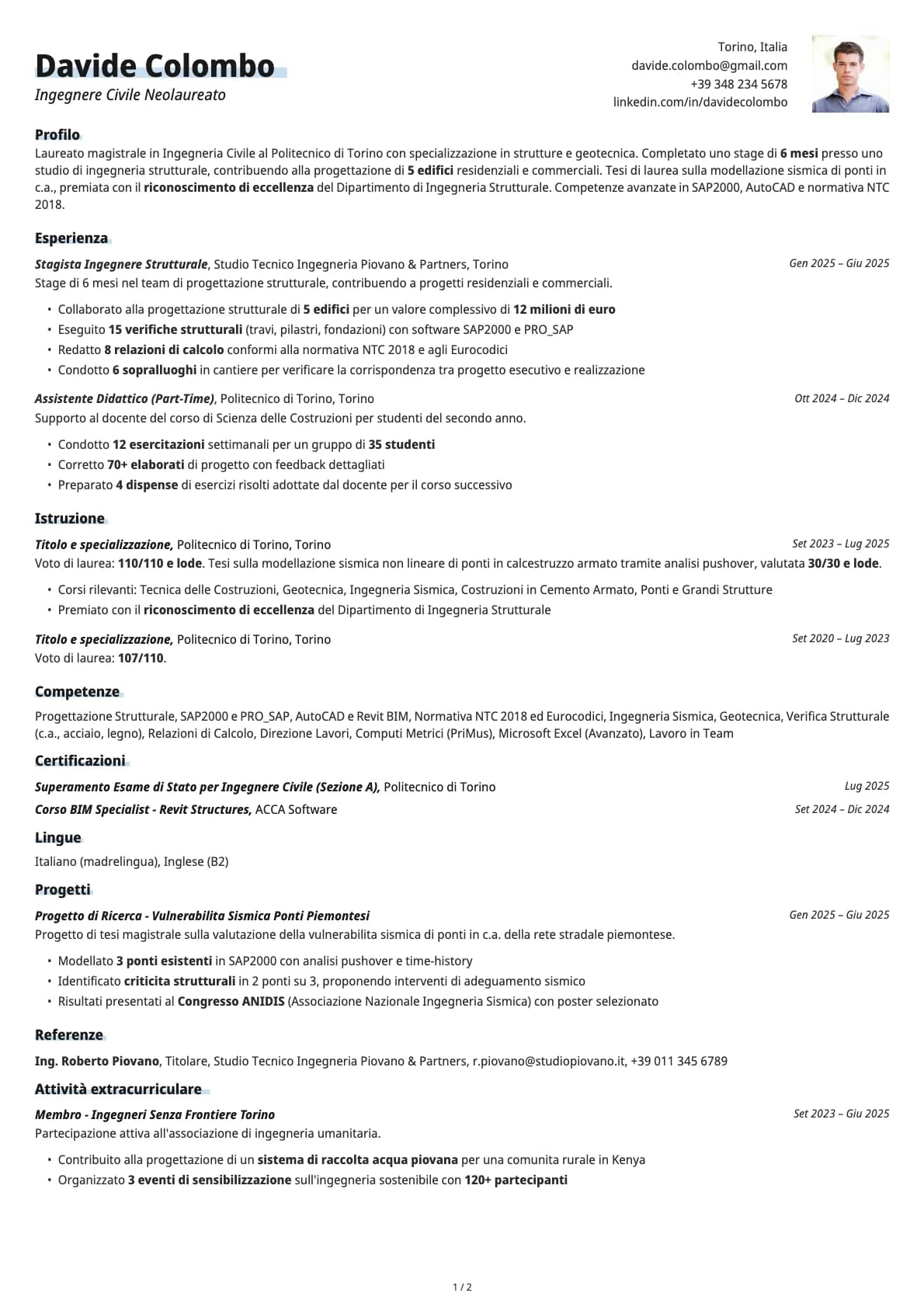 Ingegnere Civile Neolaureato resume example