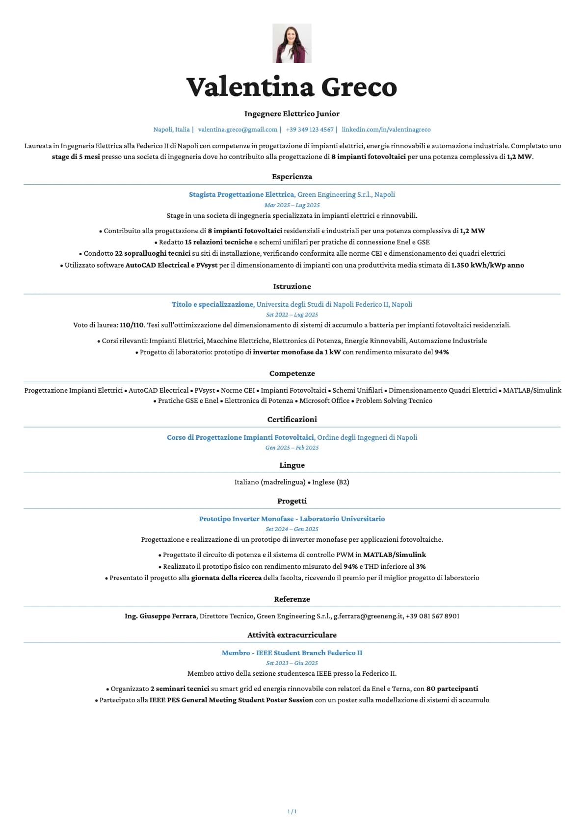 Ingegnere Elettrico Junior resume example