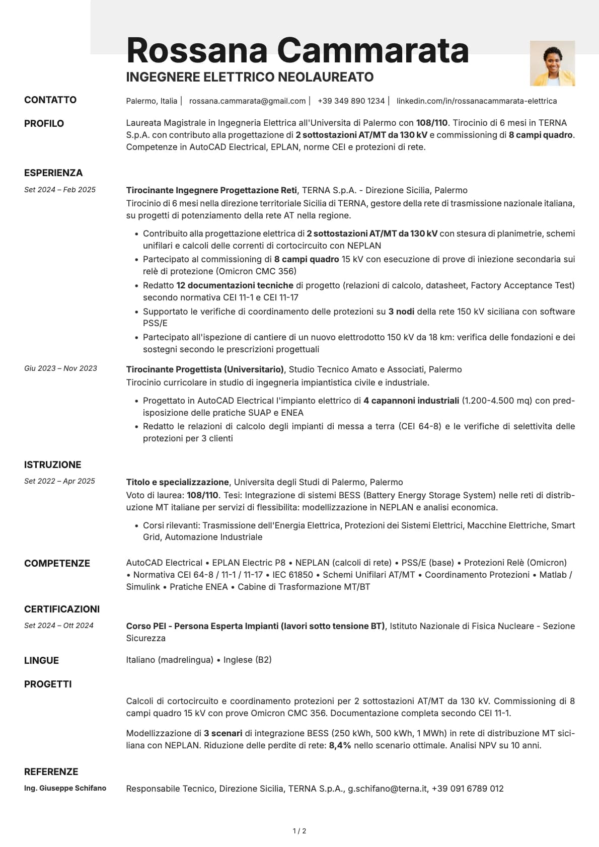 Ingegnere Elettrico Neolaureato resume example