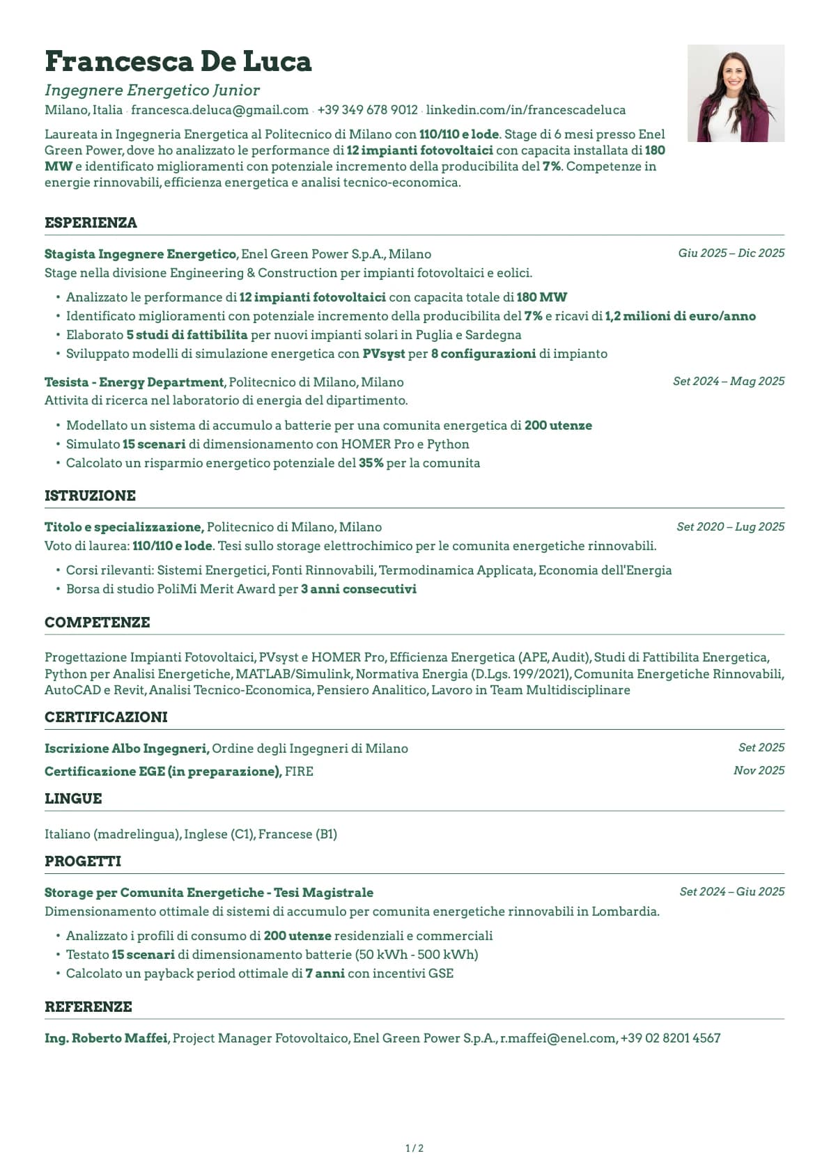 Ingegnere Energetico Junior resume example