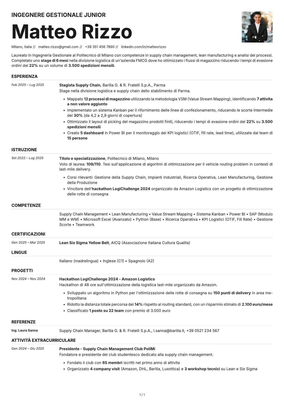 Ingegnere Gestionale Junior resume example