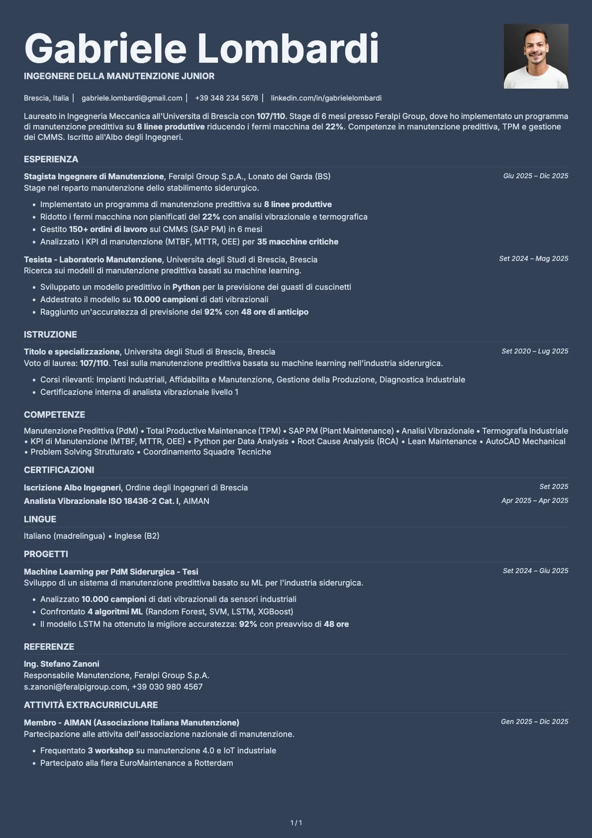 Ingegnere della Manutenzione Junior resume example