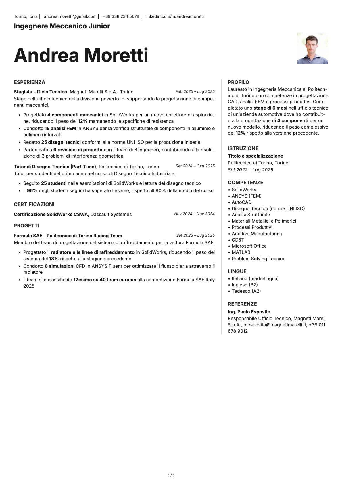 Ingegnere Meccanico Junior resume example