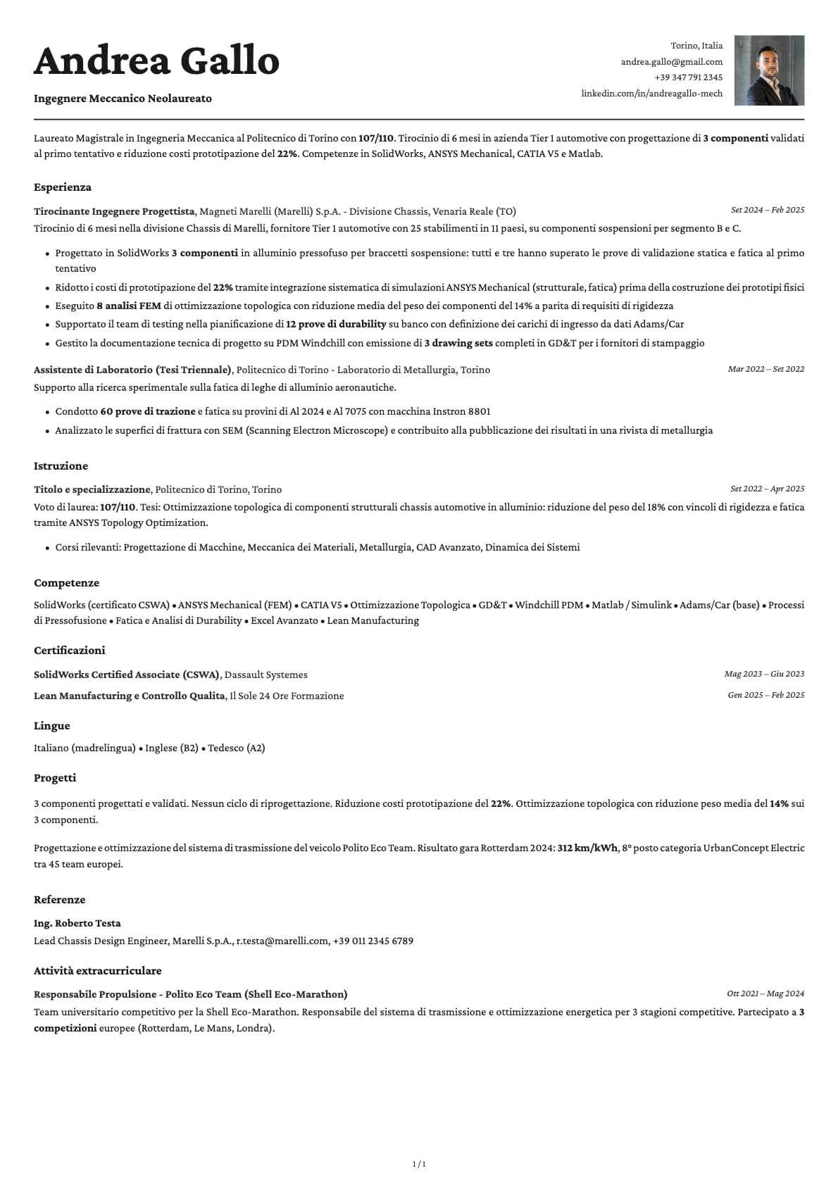 Ingegnere Meccanico Neolaureato resume example