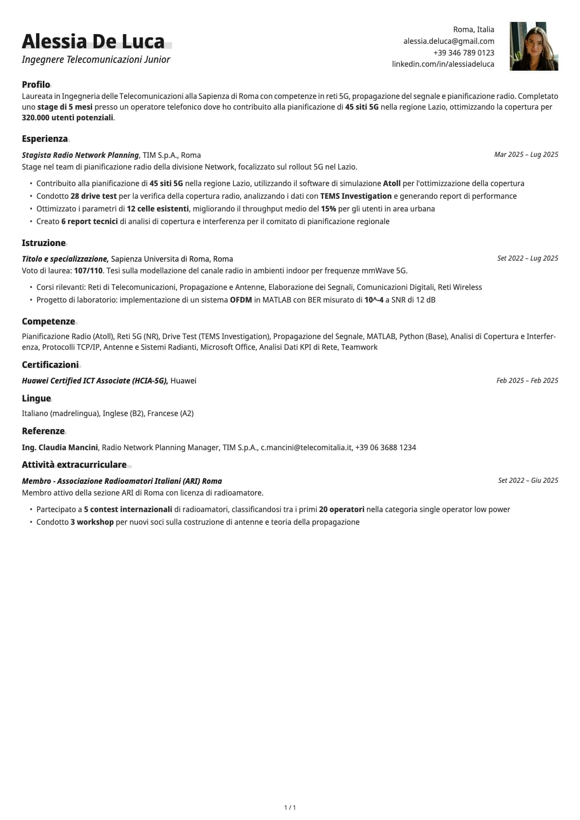 Ingegnere Telecomunicazioni Junior resume example