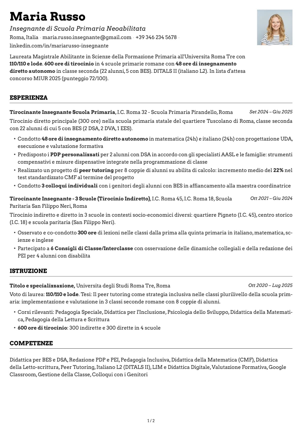 Insegnante di Scuola Primaria Neoabilitato resume example