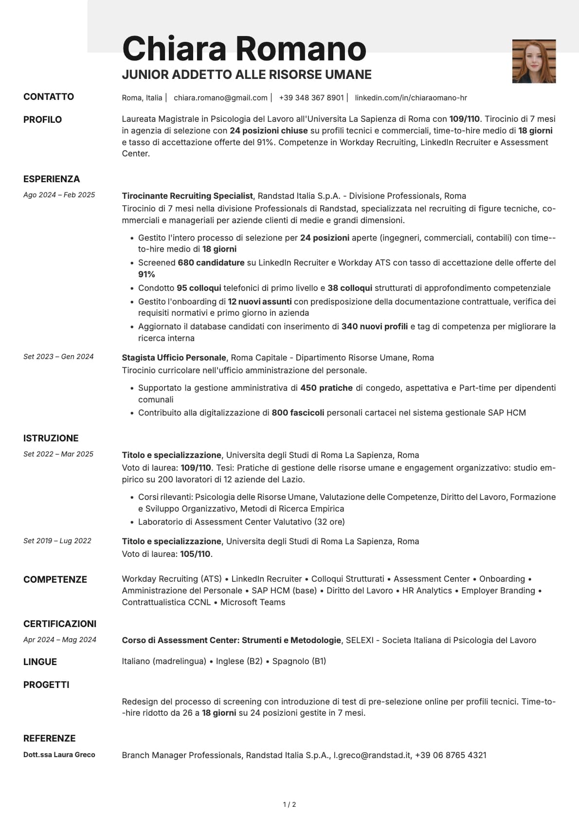 Junior Addetto alle Risorse Umane resume example