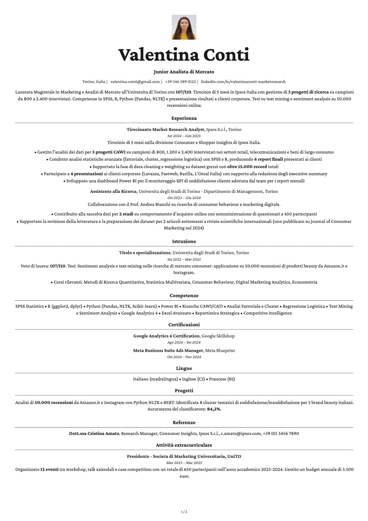 Junior Analista di Mercato resume example