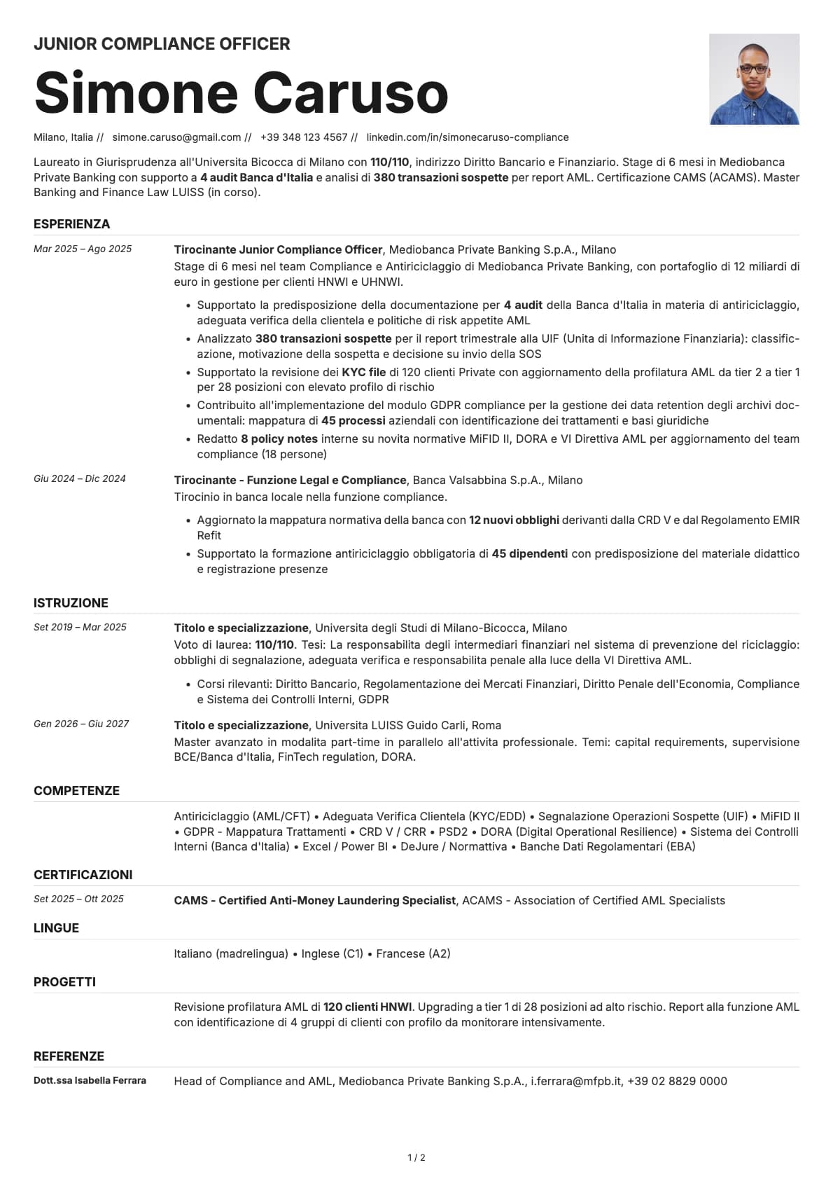 Junior Compliance Officer resume example