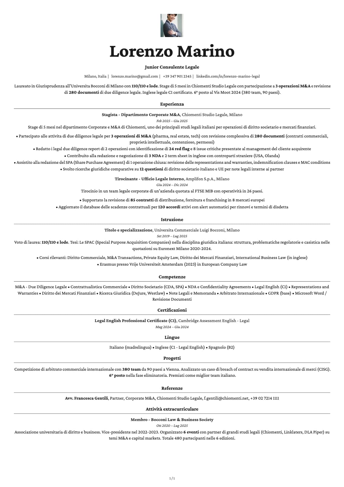 Junior Consulente Legale resume example