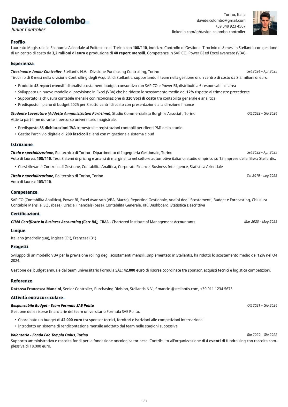 Junior Controller resume example