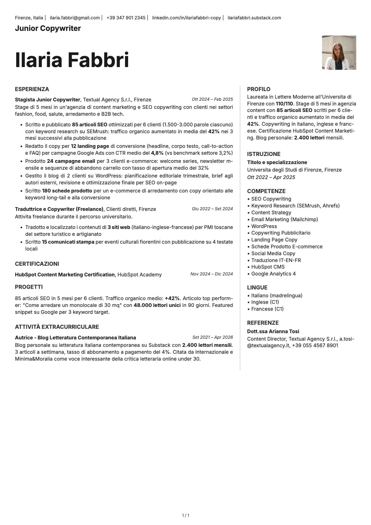 Junior Copywriter resume example