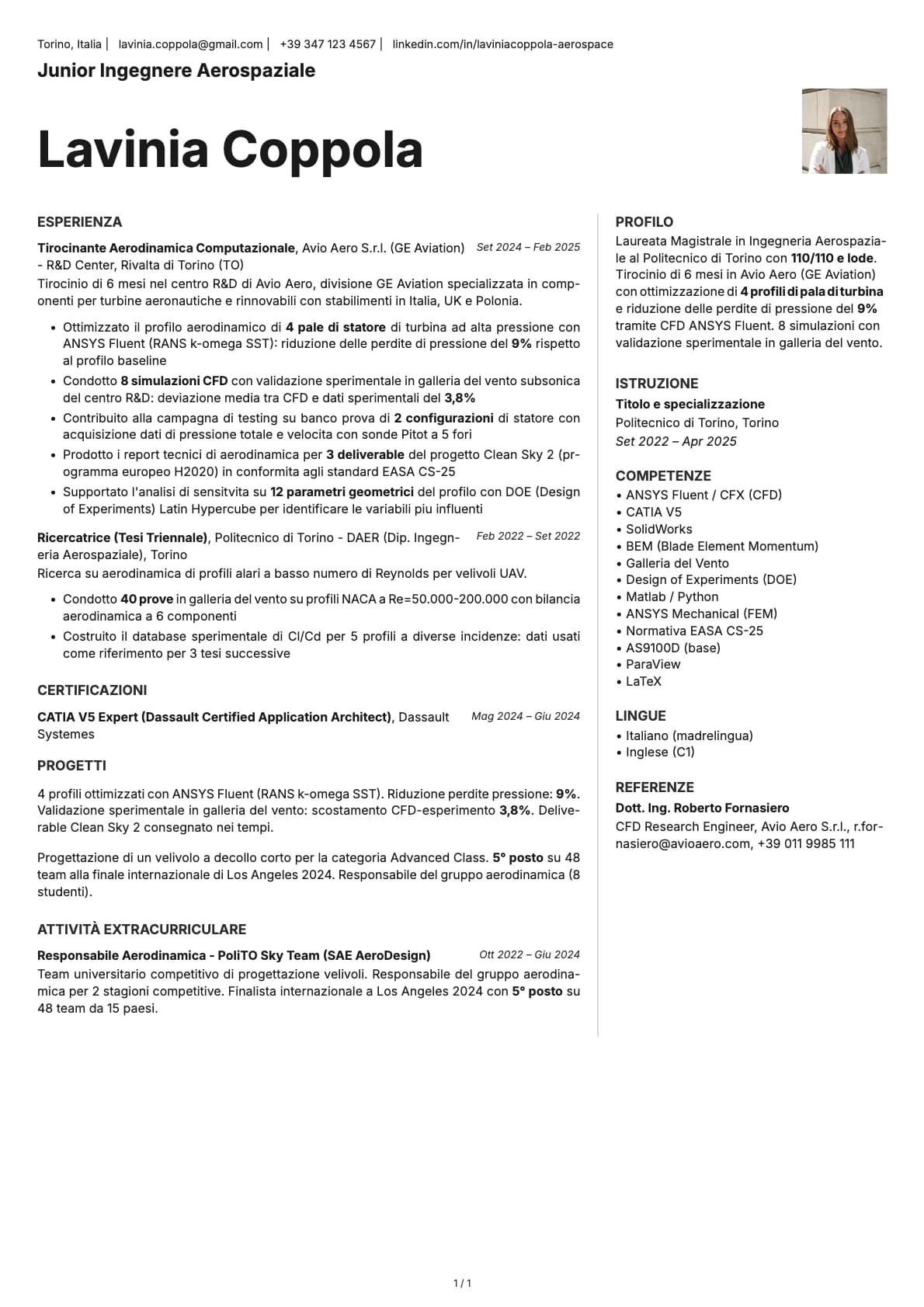 Junior Ingegnere Aerospaziale resume example