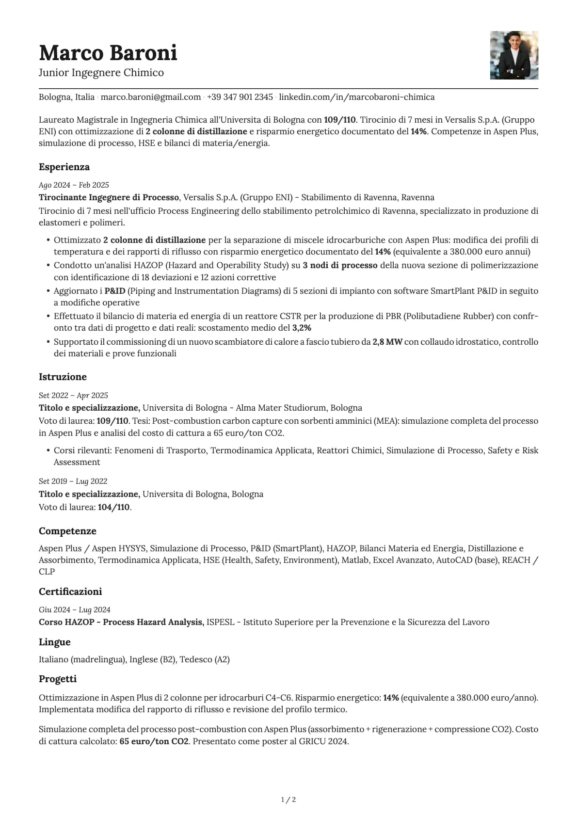 Junior Ingegnere Chimico resume example