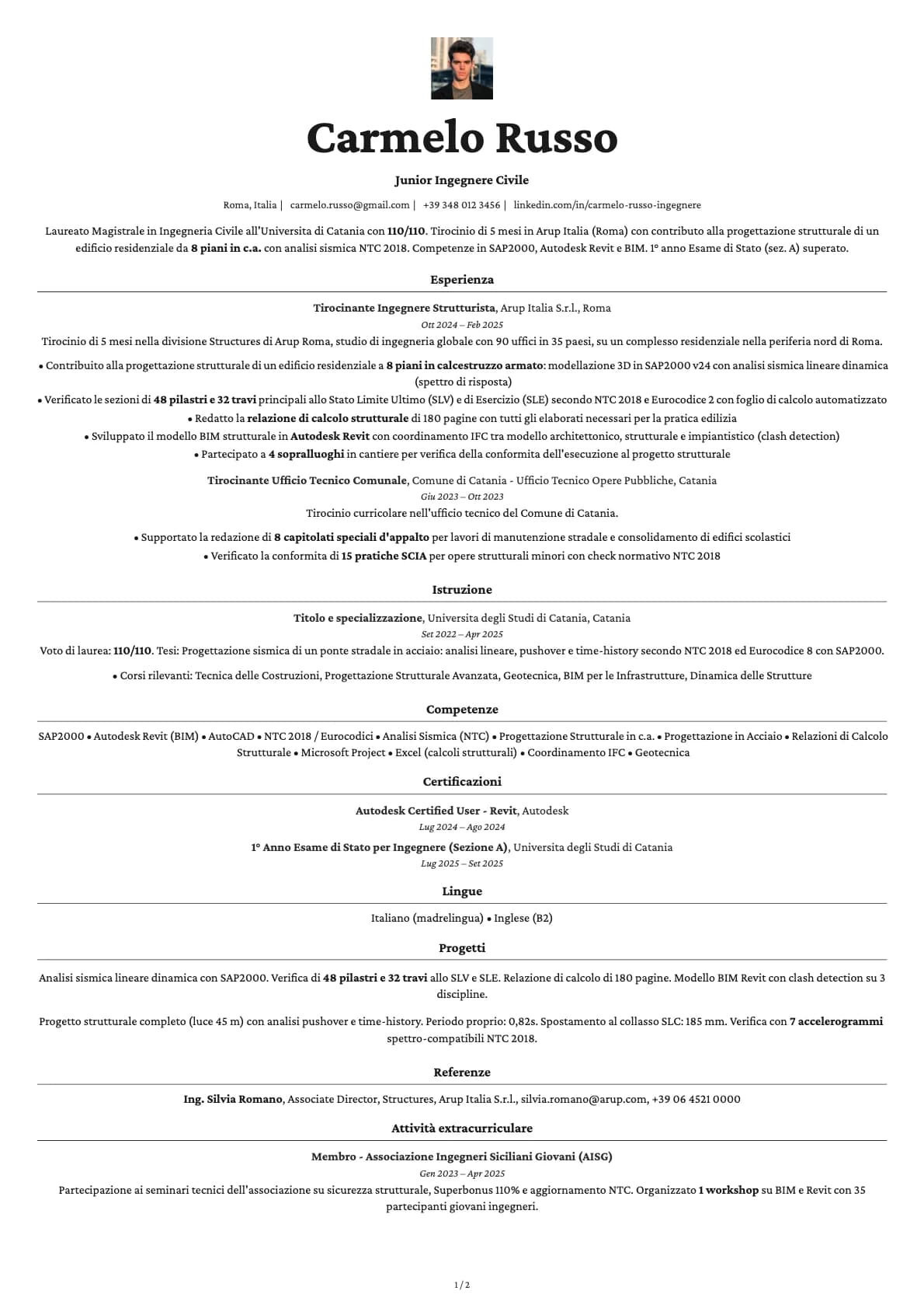 Junior Ingegnere Civile resume example