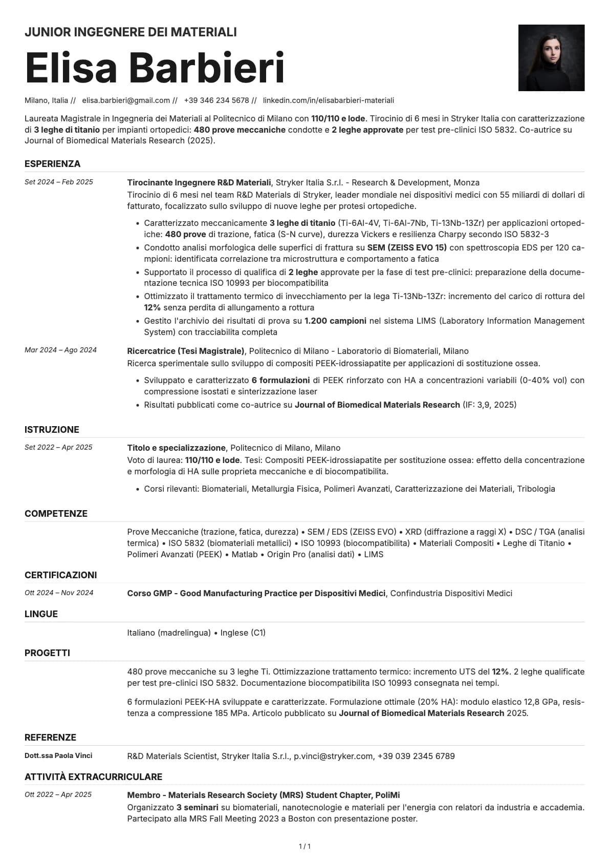Junior Ingegnere dei Materiali resume example